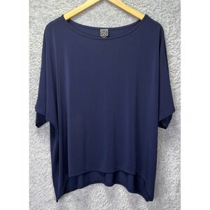 Clara Sun Woo Women 1X Navy Blue Tunic Top Dolman Sleeve Hi Low Lagenlook USA